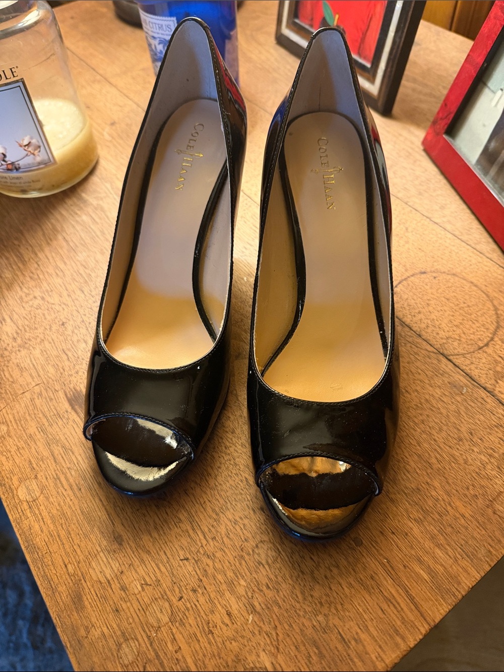 Cole Haan Black Patent Leather Peep-Toe Heels